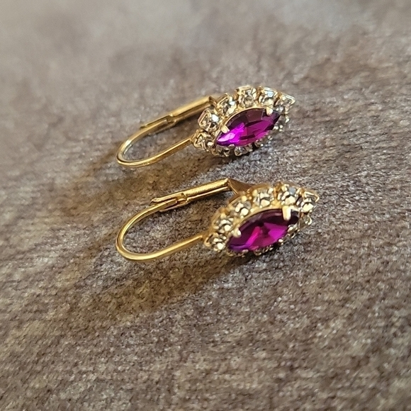 Vtg Magenta Marquis Crystal Colonial Bridal Leverback Hook Earrings - Picture 2 of 4